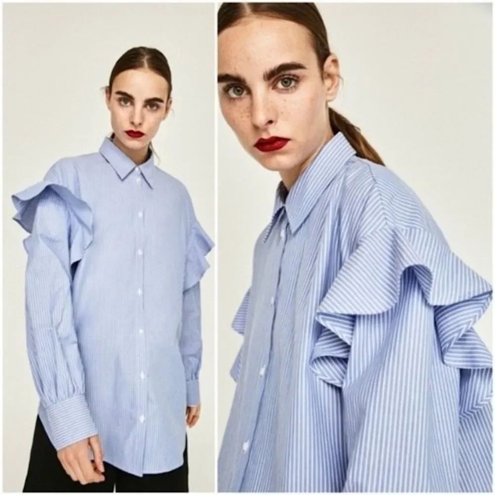 ZARA Blue & White Stripes and Ruffles Oversized Button Down Shirt
